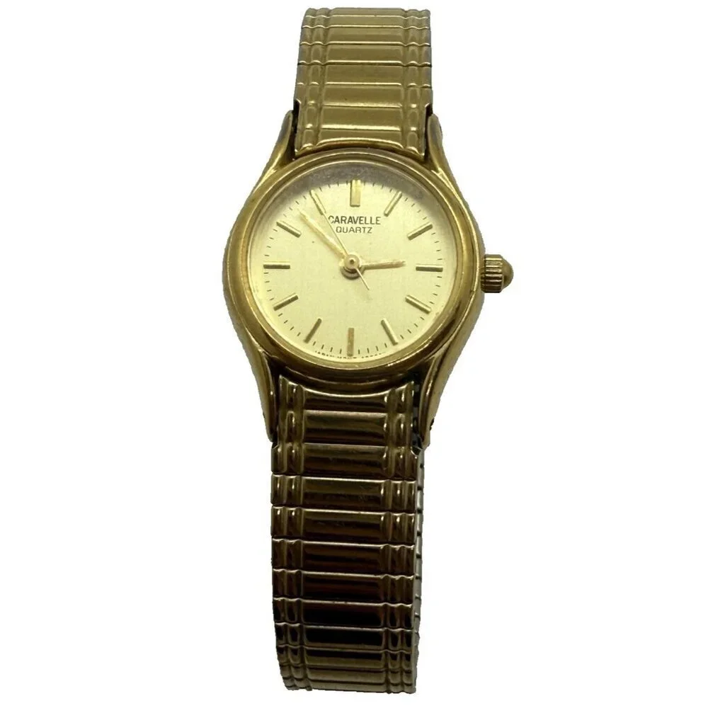 Vtg Caravelle Quartz Women's Watch Gold Tone Stainless Steel Stretch Bracelet
